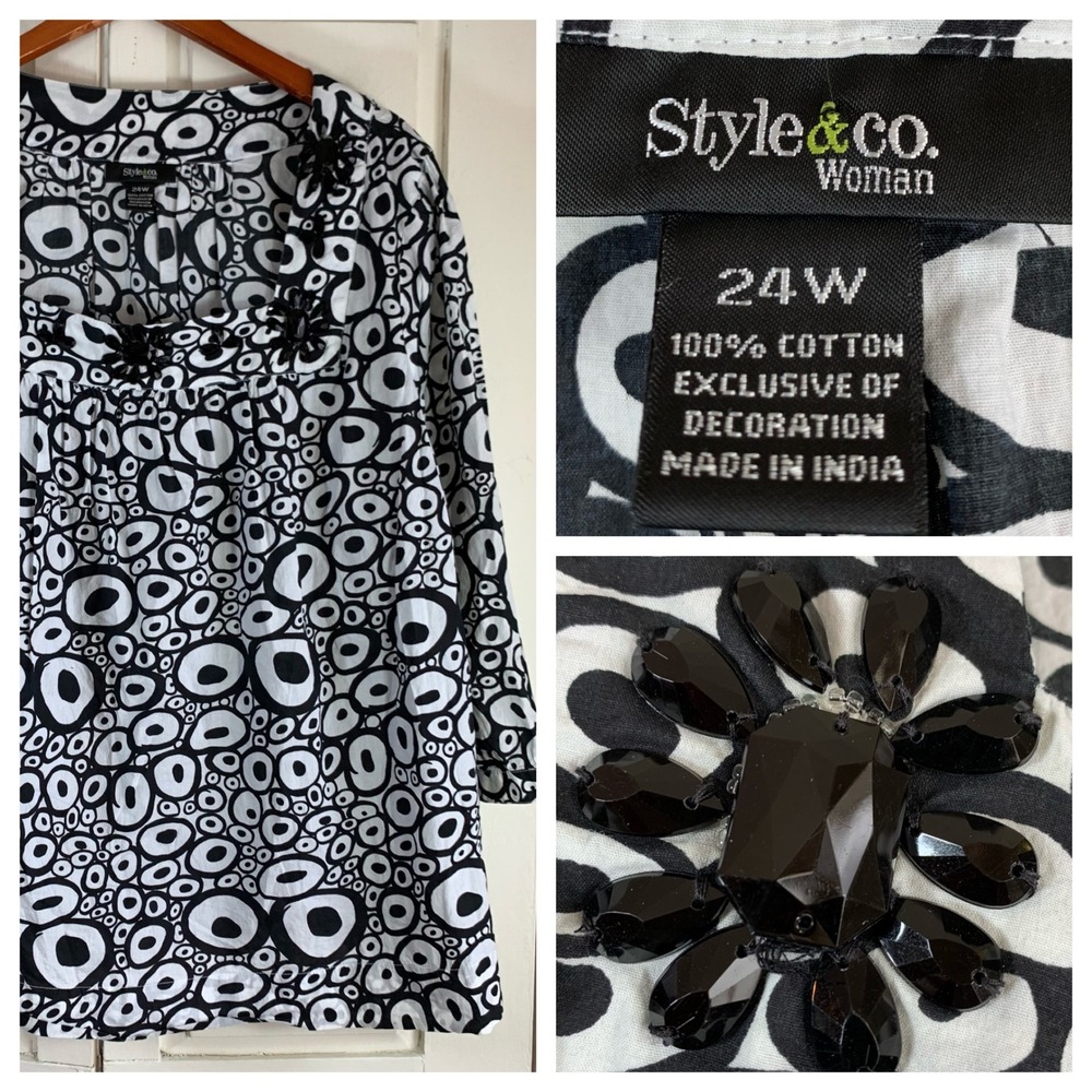 Style&co Woman 24W Black White Geometric Circle Beaded Square‎ Neck Tunic Blouse